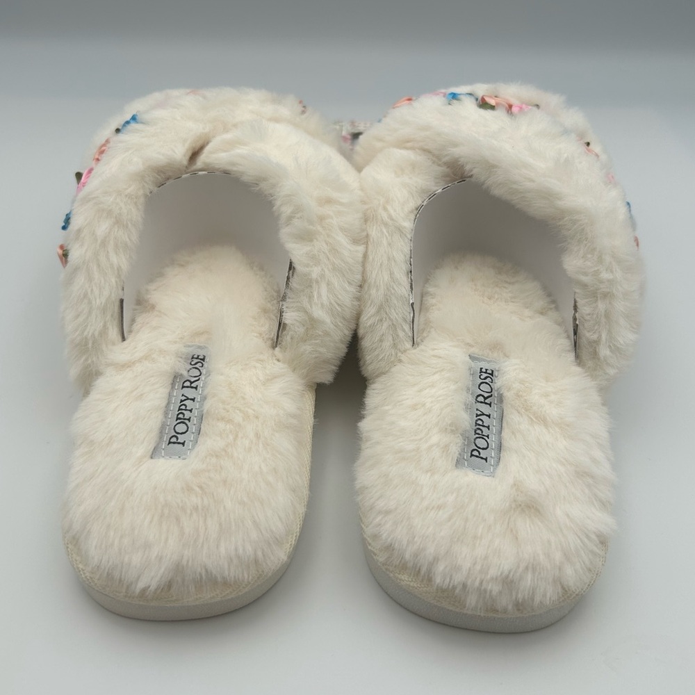 *New* Poppy Rose Ivory Fuzzy Slippers with Colorful Flower/Rose Trim Size 7-8 - Picture 8 of 8